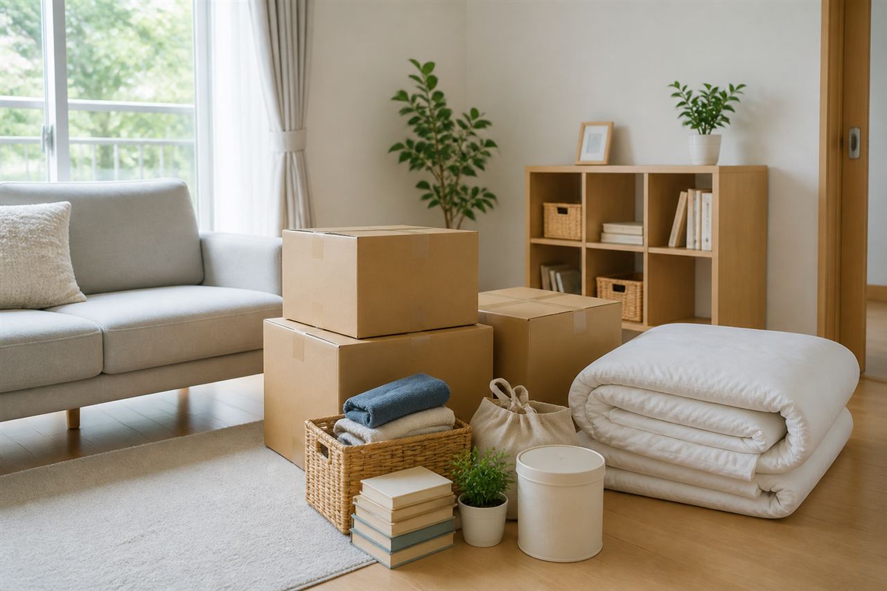 片づけ前の家具や箱をまとめた明るい室内のイメージ